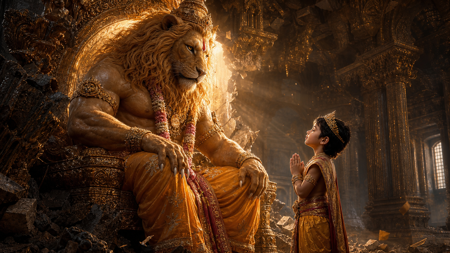 Prahlāda Mahārāja praying to Lord Narasiṁha — the devotional heart of the nine forms