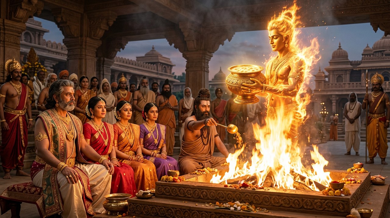 King Dasharatha's putrakameshti fire sacrifice with the divine being rising from the flames