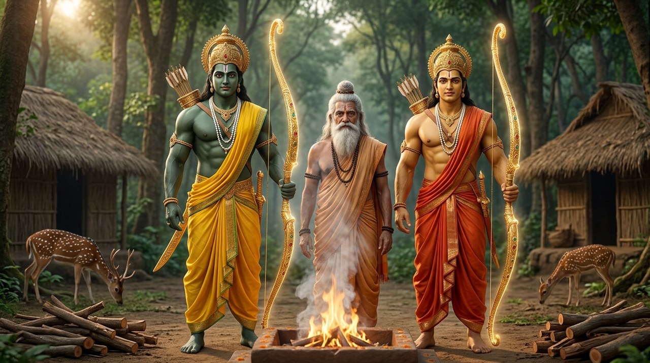 Young Rama and Lakshmana with the sage Vishvamitra at a forest hermitage
