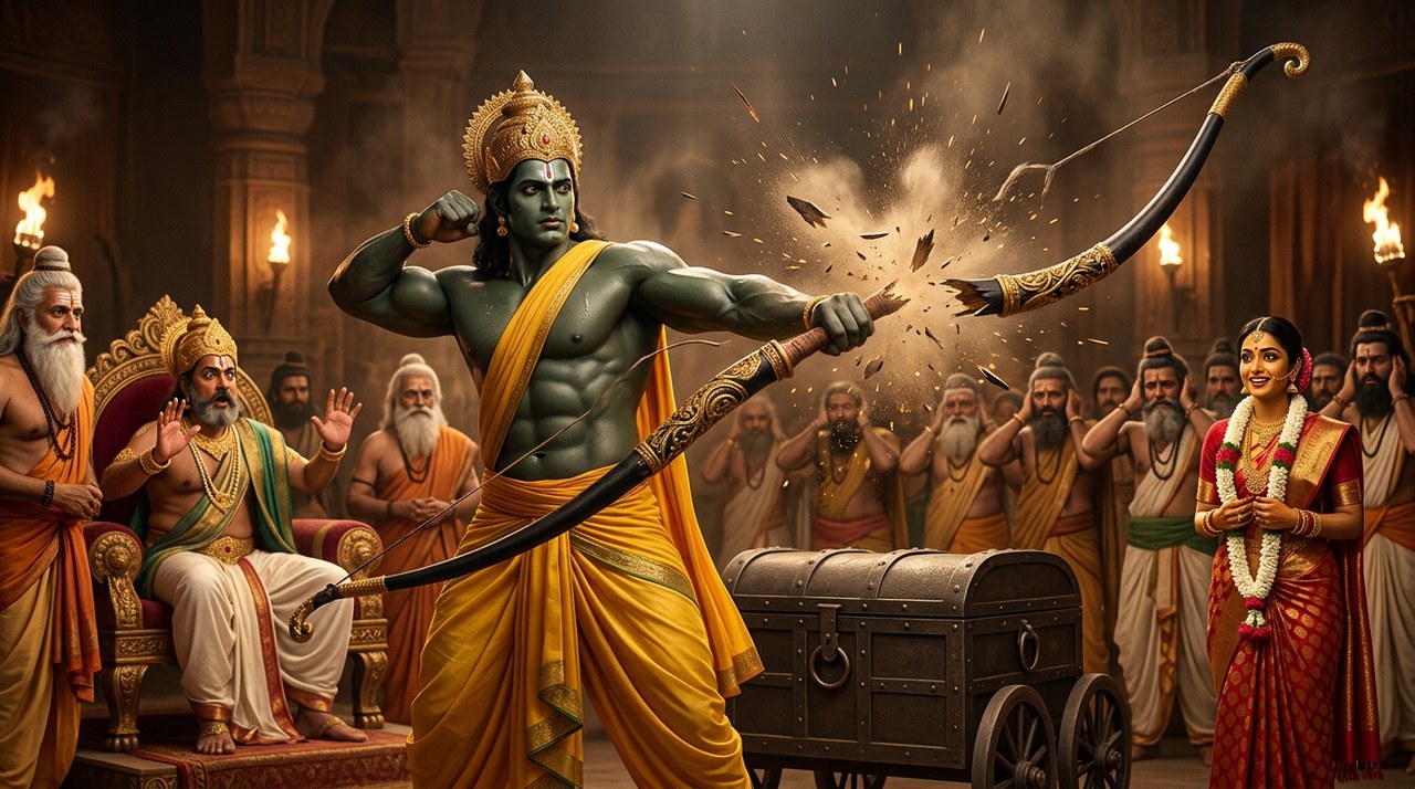 Rama breaking the great bow of Shiva in the court of Mithila as Sita watches