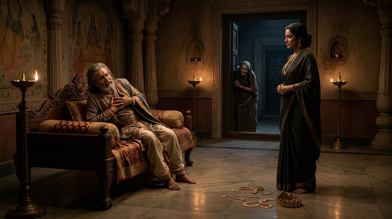 Kaikeyi demanding her two boons from the grief-stricken King Dasharatha