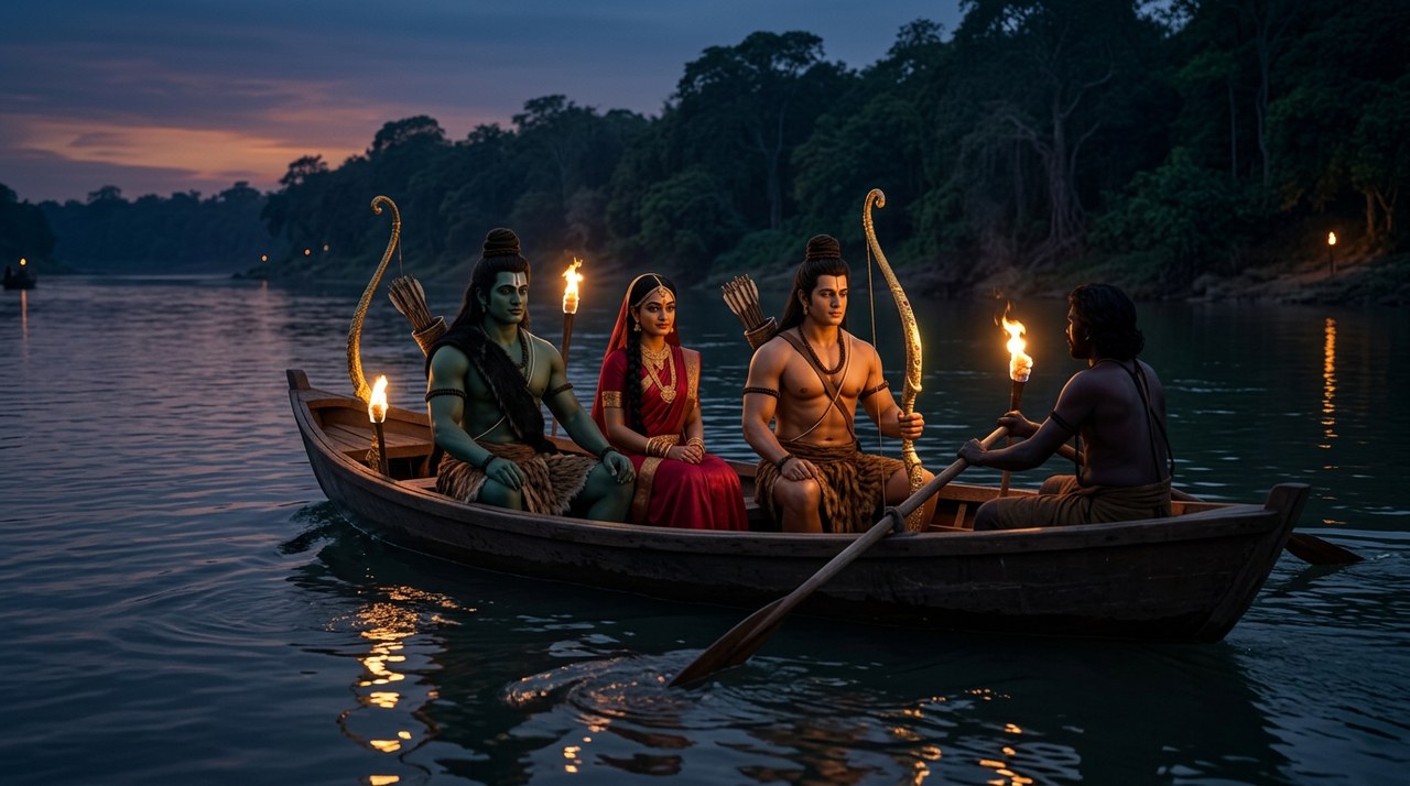 Rama, Sita and Lakshmana crossing the Ganga in Guha's boat at dusk
