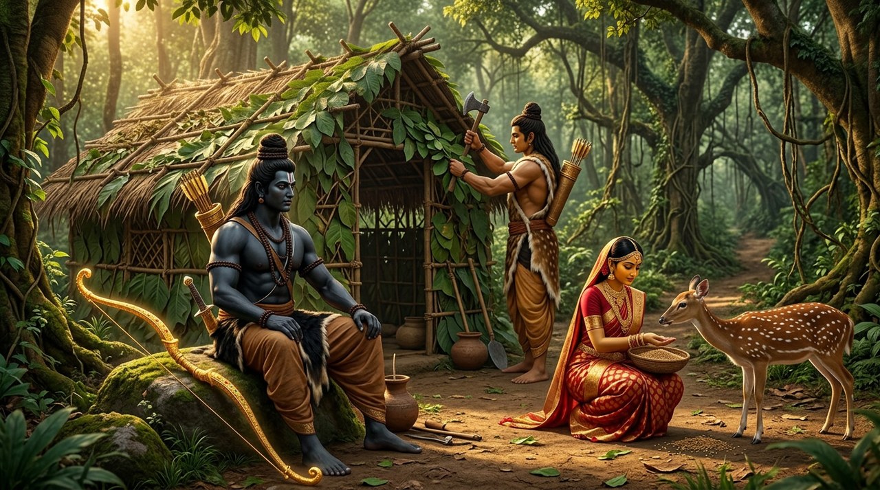 The leaf hut at Panchavati with Rama, Sita feeding deer and Lakshmana building