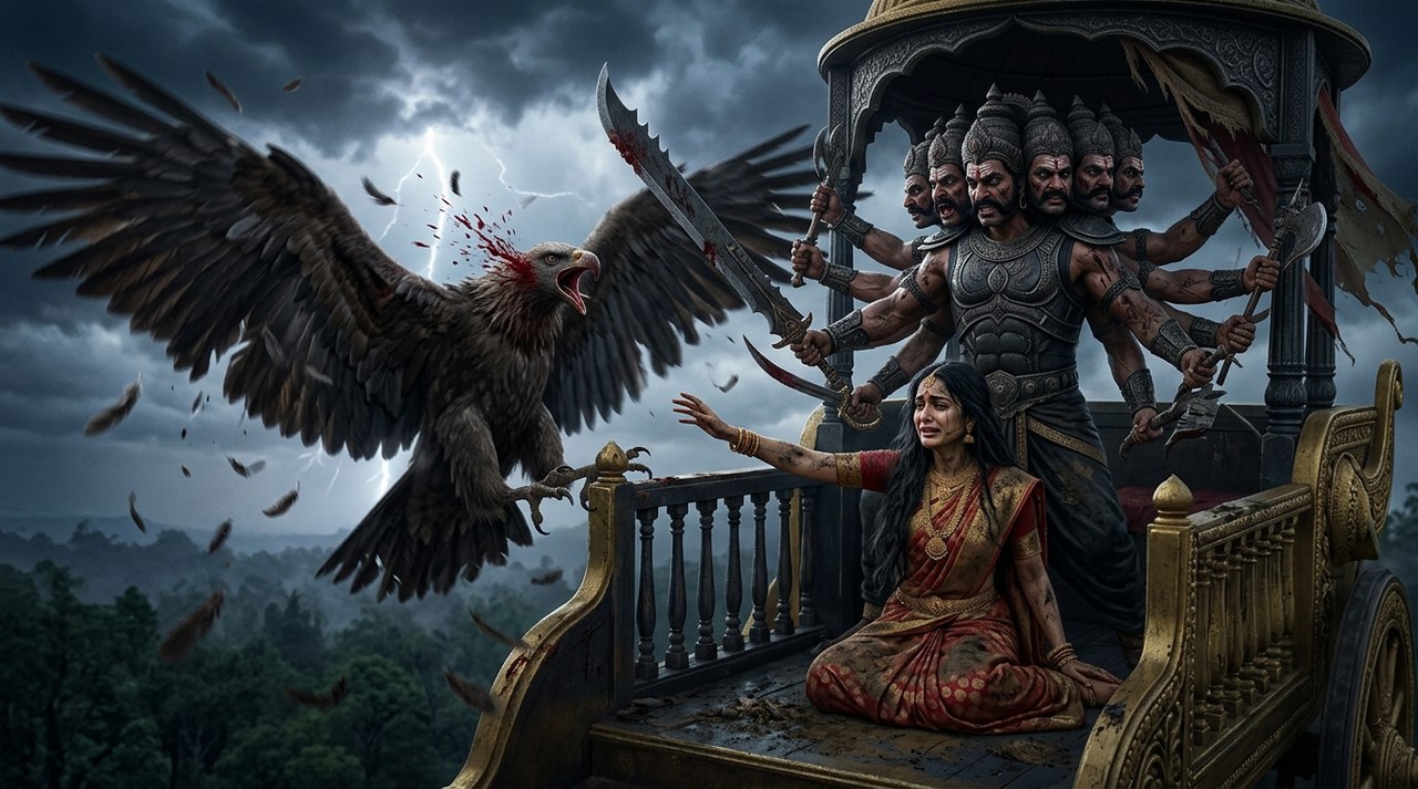Jatayu the vulture king attacking Ravana's flying chariot carrying Sita