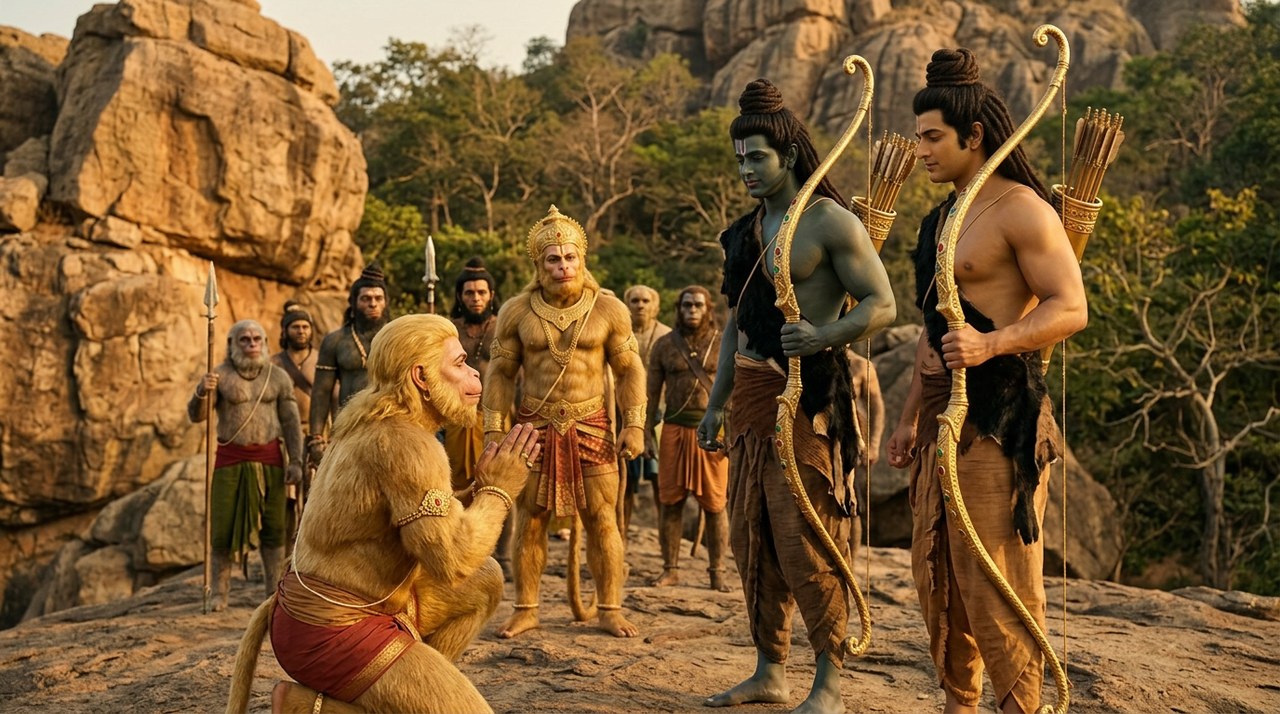 Hanuman kneeling in devotion before Rama and Lakshmana with Sugriva and the vanaras