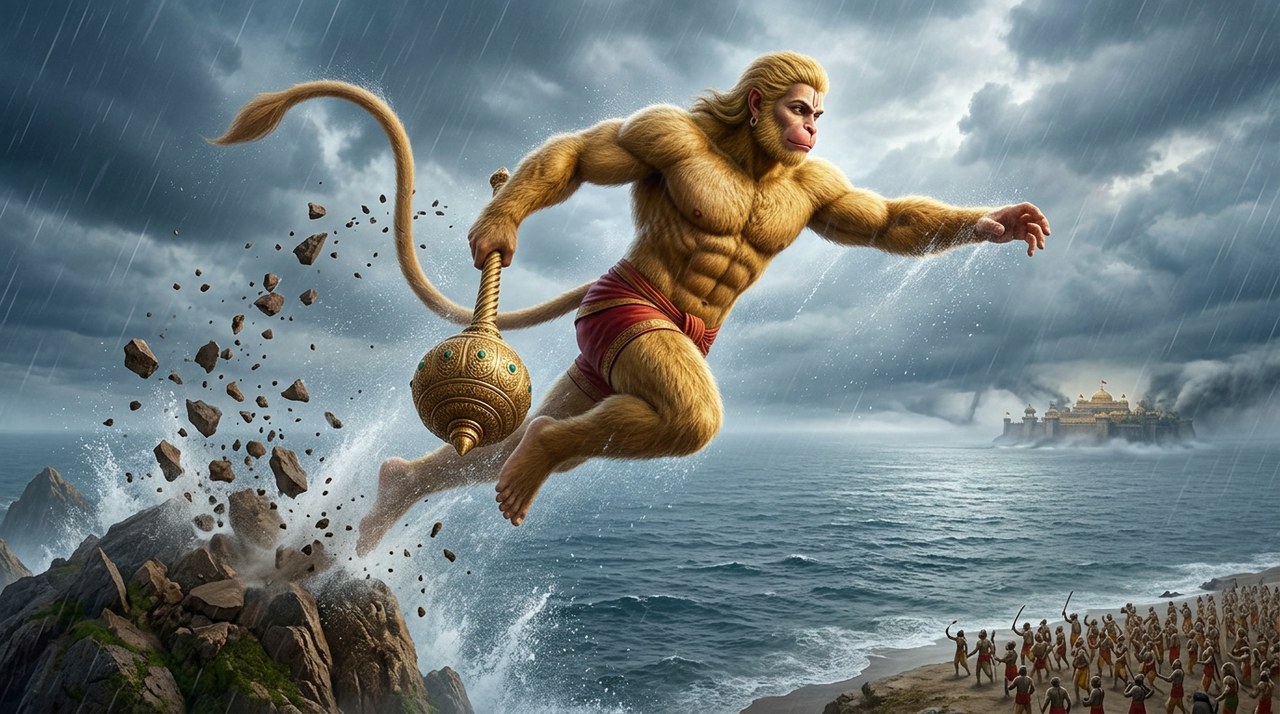 Hanuman leaping from the mountaintop across the ocean towards Lanka