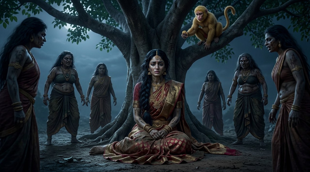 Sita in the moonlit Ashoka grove in soiled silks with Hanuman hidden above