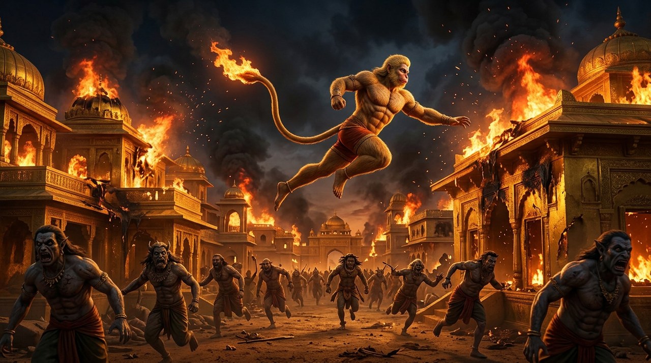 Hanuman with burning tail leaping across the blazing rooftops of Lanka