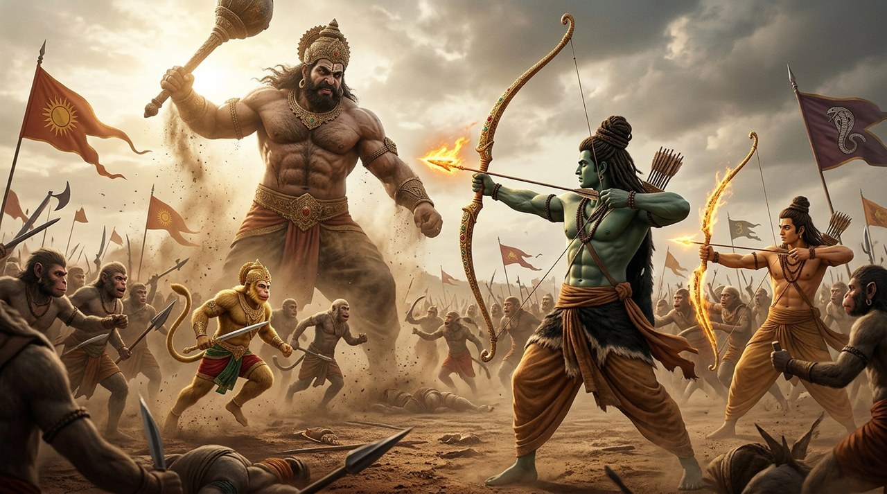The giant Kumbhakarna towering over the battlefield as Rama draws his bow