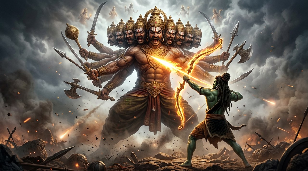 Rama on Indra's celestial chariot loosing the Brahmastra at the ten-headed Ravana