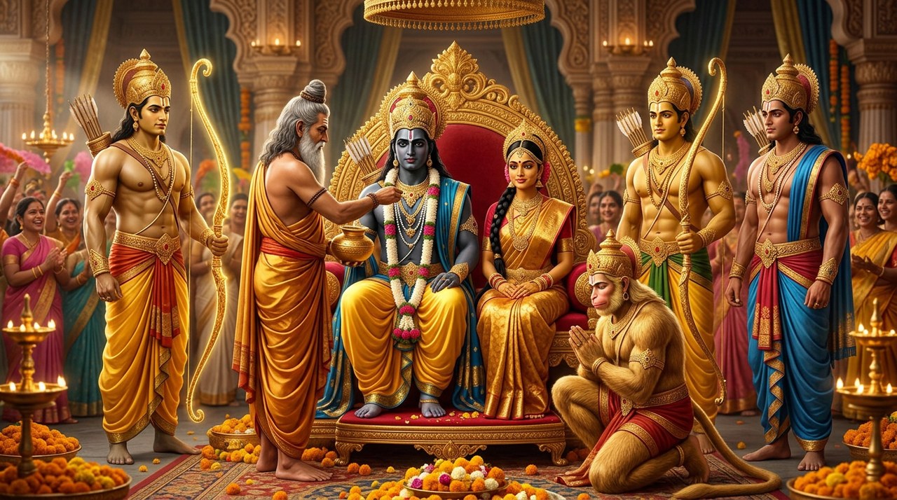 The coronation of Rama and Sita in Ayodhya with Hanuman kneeling before them