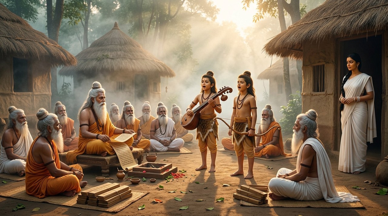 Lava and Kusha reciting the Ramayana before sages at Valmiki's hermitage