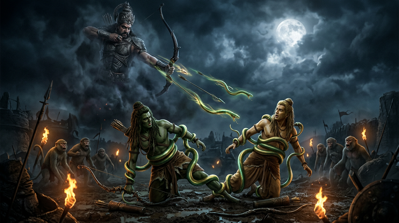 Indrajit striking Rama and Lakshmana with serpent arrows from the clouds at night