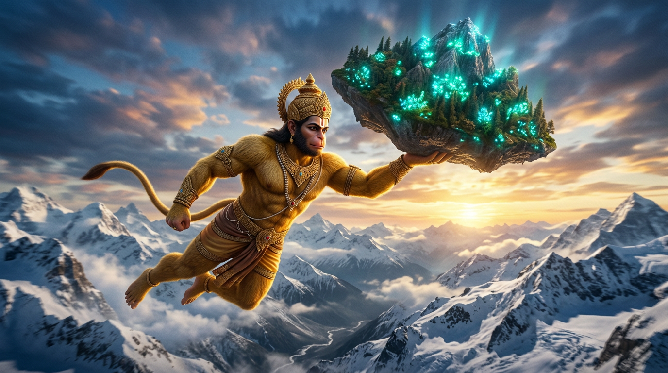 Hanuman flying through the dawn sky carrying a Himalayan peak of luminous healing herbs