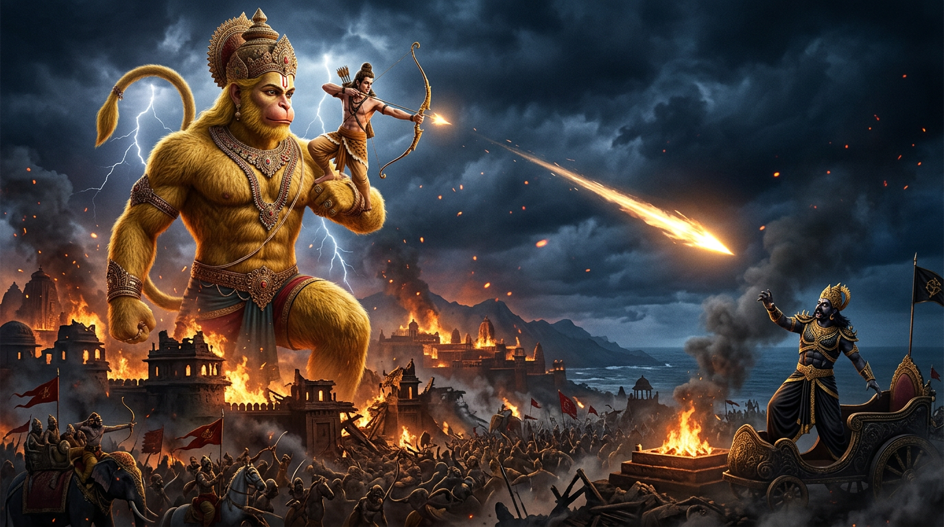 Lakshmana on Hanuman's shoulders loosing the arrow of Indra at Indrajit at Nikumbhila