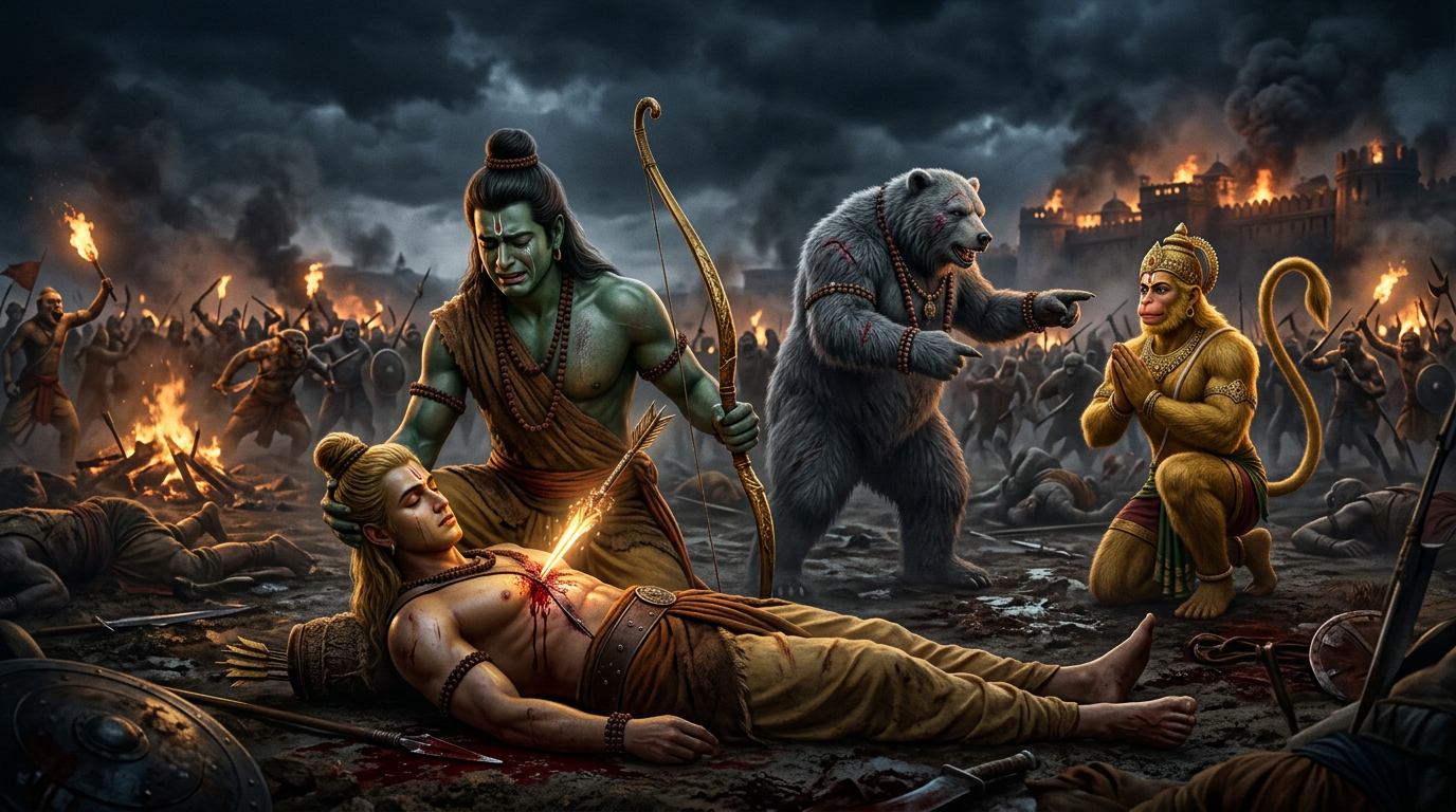 Lakshmana lying unconscious with a glowing divine javelin in his chest as Rama grieves and Jambavan sends Hanuman for the herbs