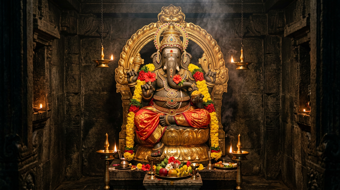 Lord Ganesha enthroned in an ancient lamp-lit temple