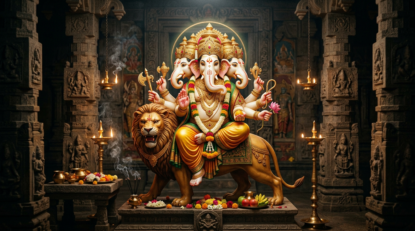 Heramba Gaṇapati (Gaṇanātha Gaṇapati) — paired with Maa Kālī