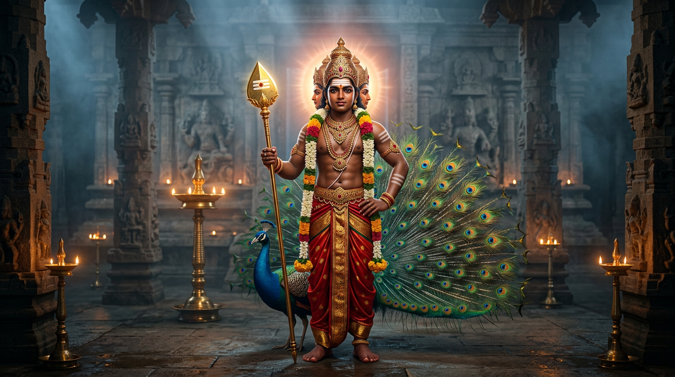 Lord Kartikeya with his golden vel and peacock in a sacred temple