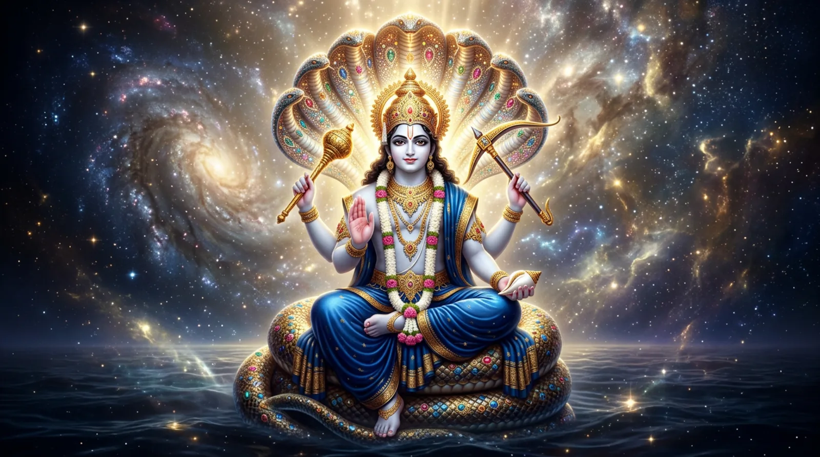 Lord Sankarṣaṇa as Ananta Śeṣa, canopied by a thousand serpent hoods over the cosmic ocean